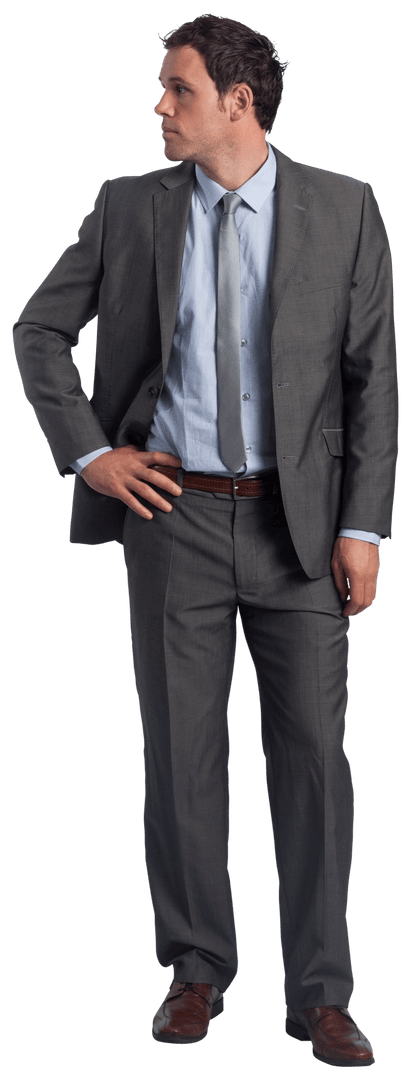 Serious Businessman in Gray Suit Looking to Side Transparent
