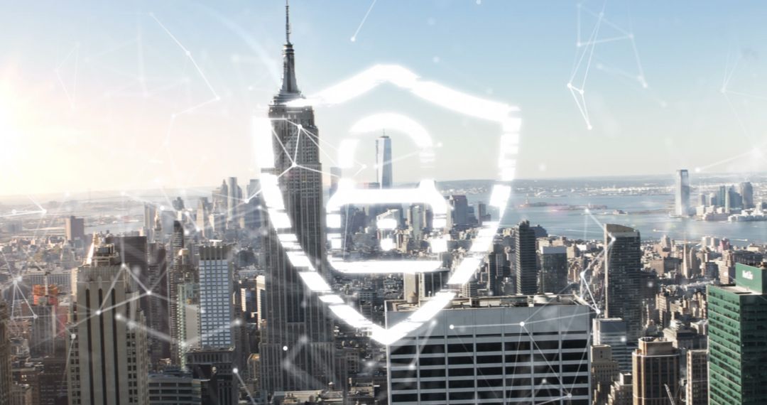 Digital Security Lock Overlay on Modern Cityscape