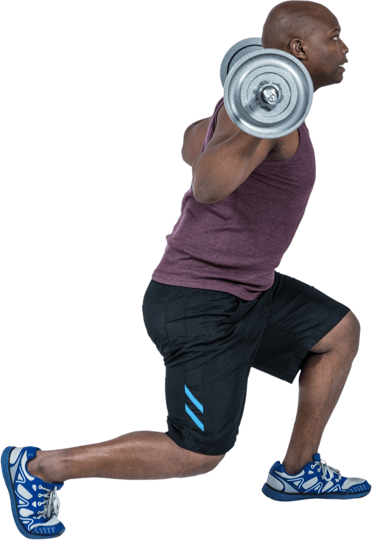 Transparent Fit Man Exercising with Dumbbells Lunging