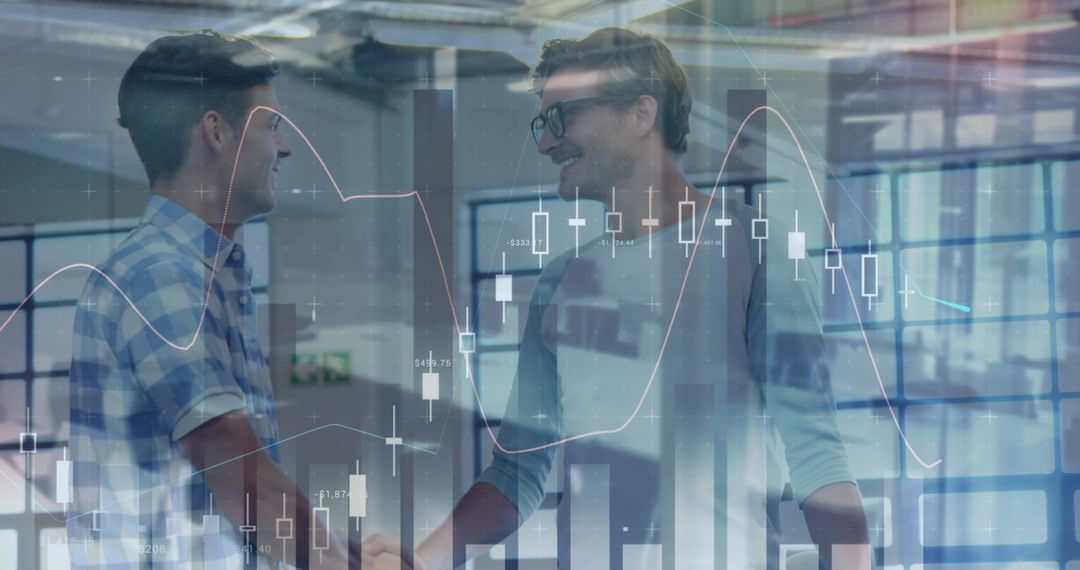 Business Colleagues Shaking Hands Amid Stock Market Data Visualization