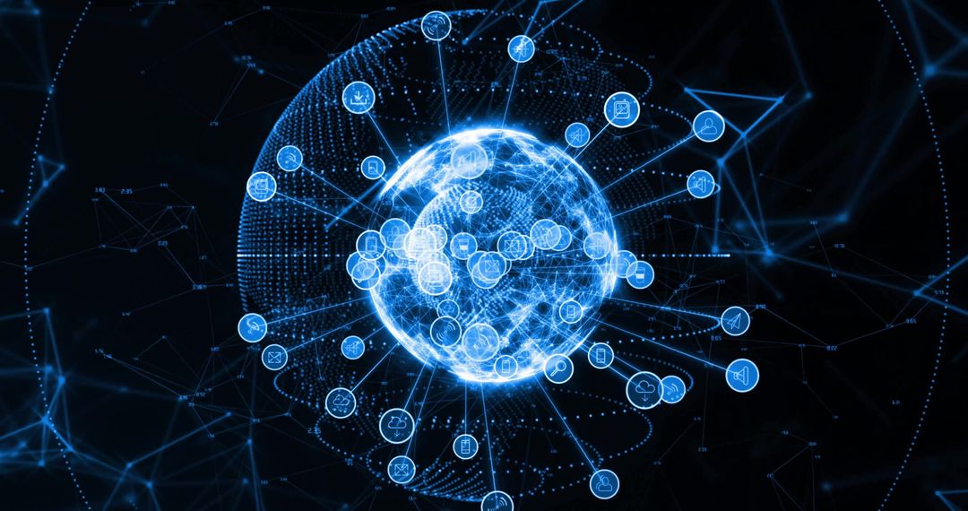 Glowing Digital Interface with Media Icons Orbiting the Globe