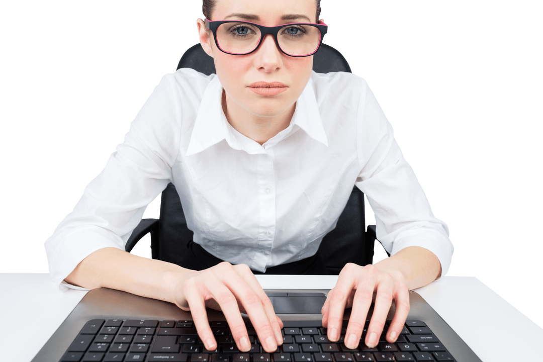 Focused Businesswoman with Transparent Background Typing on Keyboard