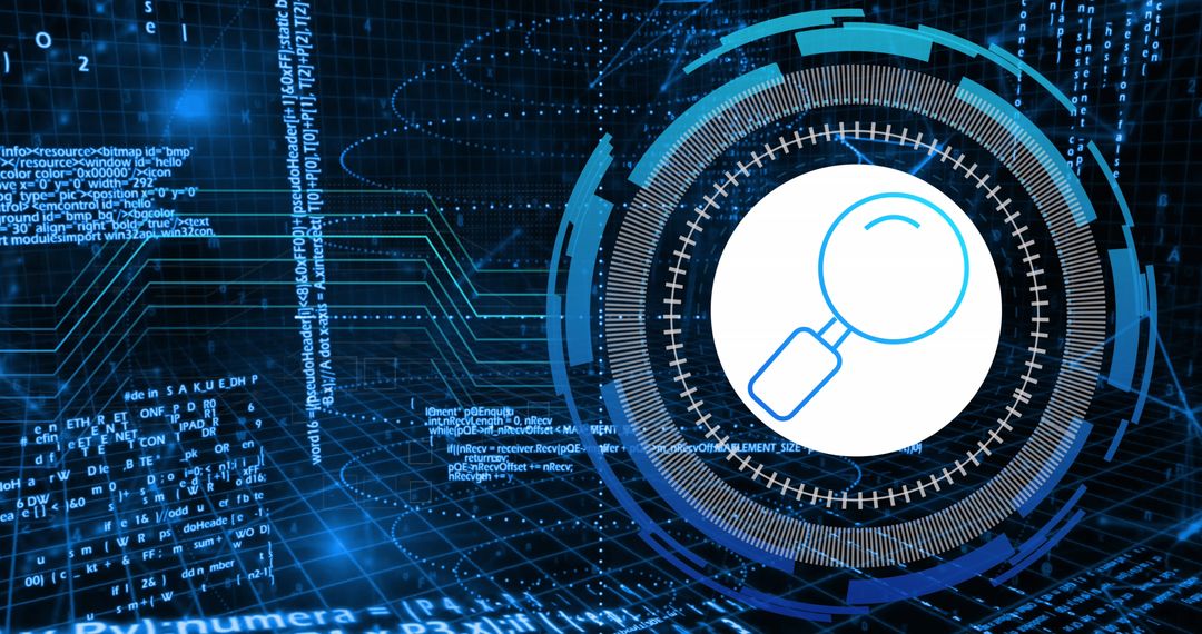 Digital Data Analysis with Magnifying Glass Icon in Futuristic Design