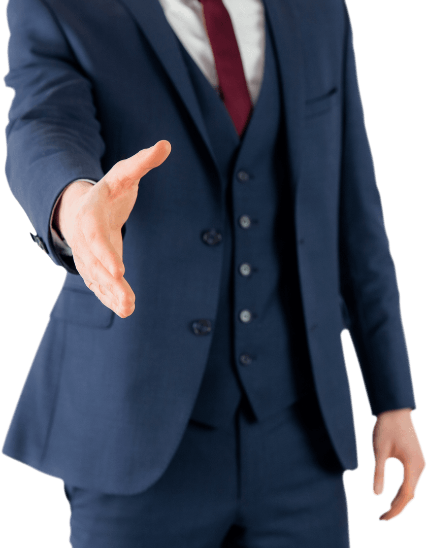Businessman in Blue Suit Extending Handshake on Transparent Background