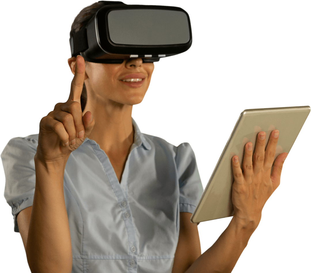 Transparent Woman Using Virtual Reality with Tablet in Hand