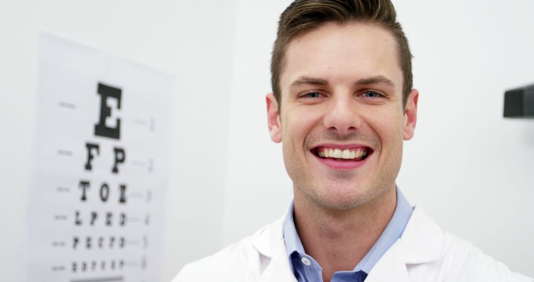 Smiling Male Optometrist in Clinic with Eye Chart - Free Images, Stock Photos and Pictures on Pikwizard.com