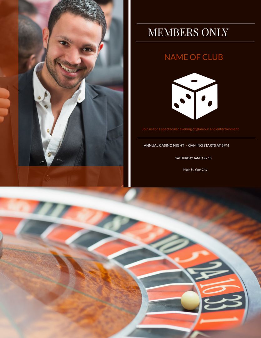 Exclusive Casino Night Invitation with Smiling Man and Roulette Wheel - Download Free Stock Templates Pikwizard.com