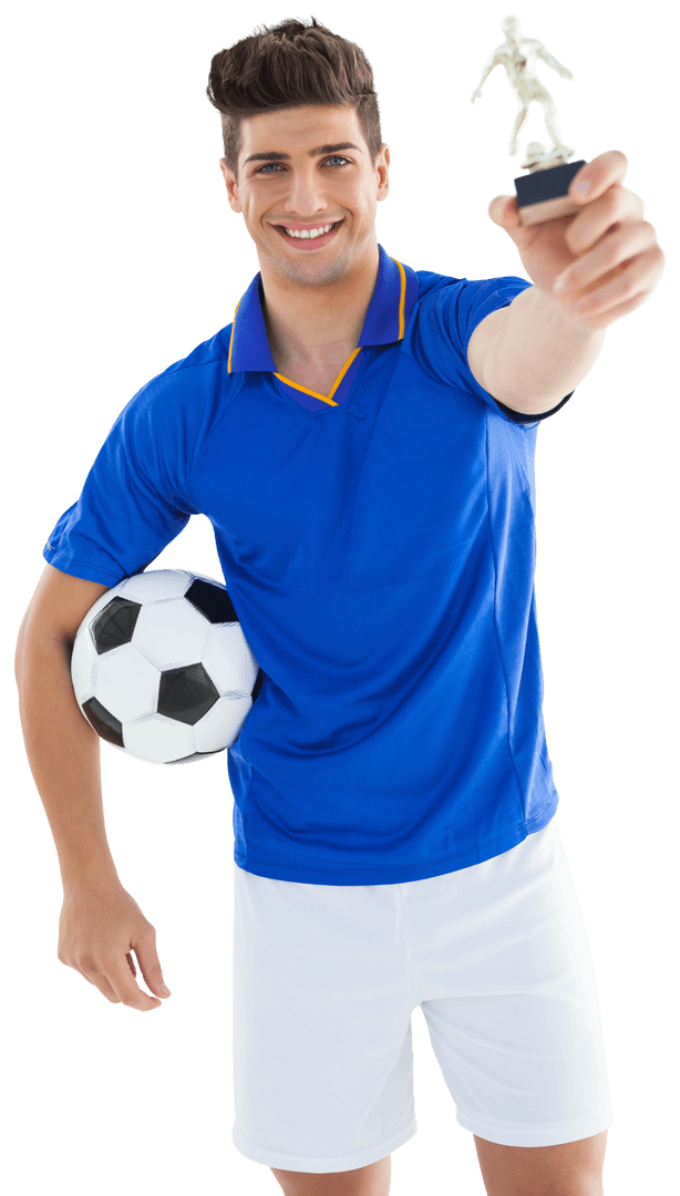 Smiling Athlete Holding Trophy and Soccer Ball on Transparent Background