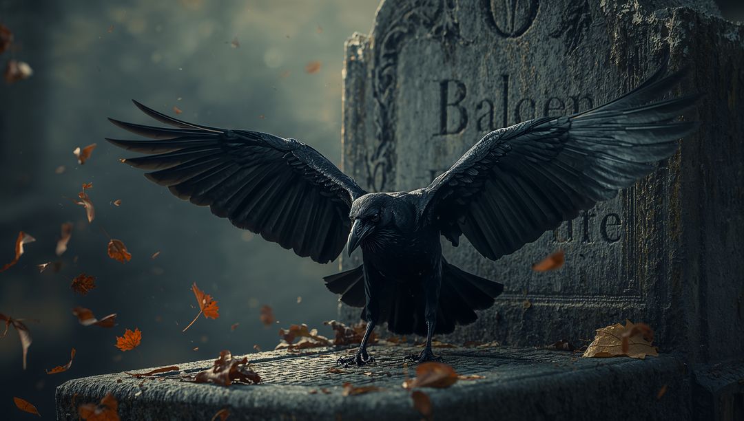 Majestic Crow with Open Wings in Eerie Graveyard