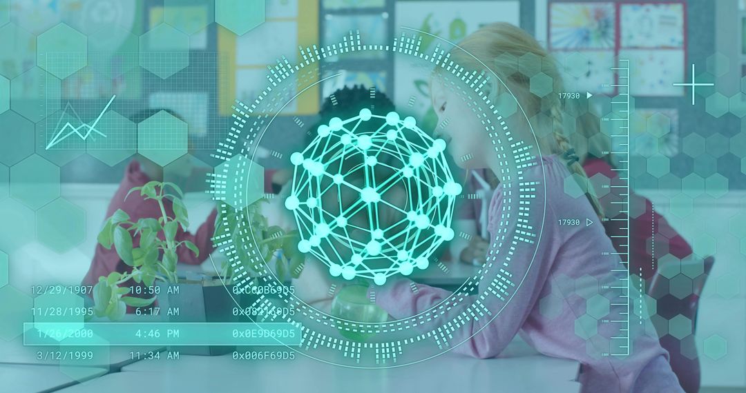 Braided Blonde Student Collaborating on Classroom Science Project with Digital HUD Overlay