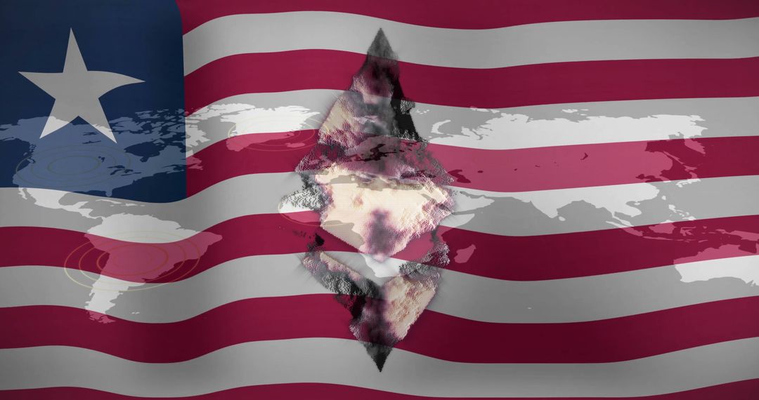 World Map and Crater Overlay on Waving American Flag