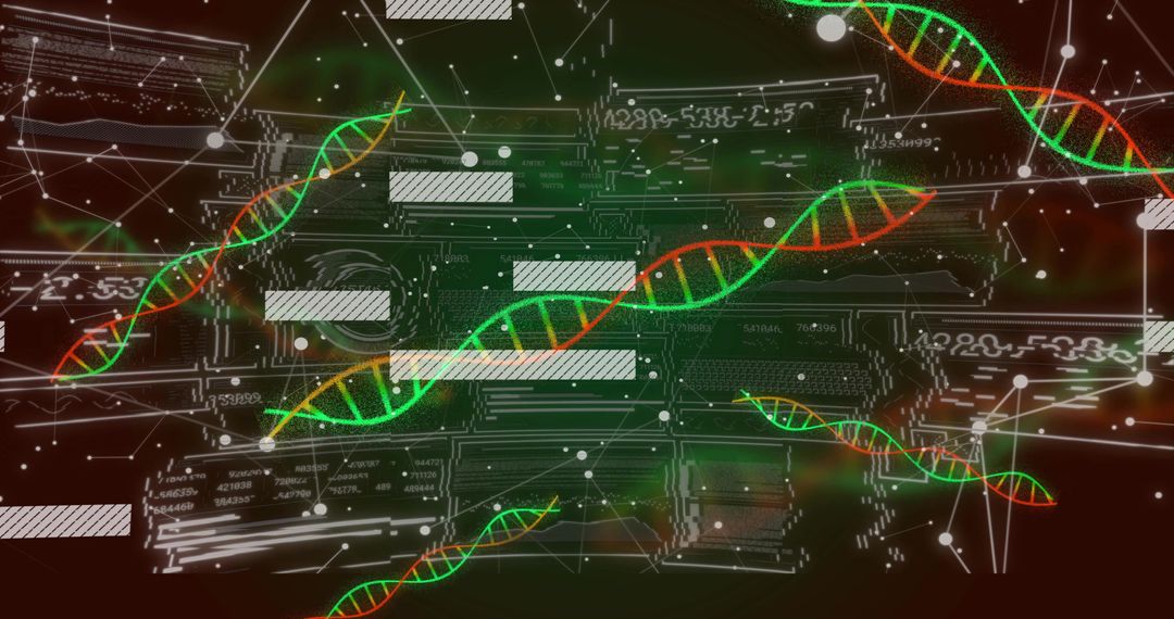 Neon DNA Helix Network Crossing Futuristic Digital Circuit Grid for Genomics Visualization