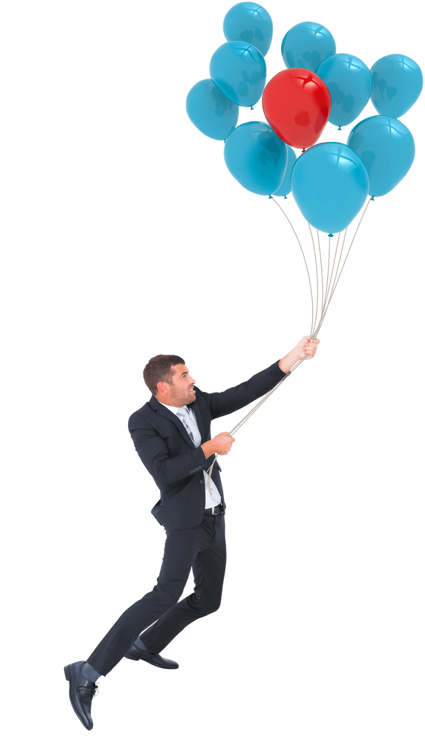 Businessman Holding Balloons Showing Success on Transparent Background