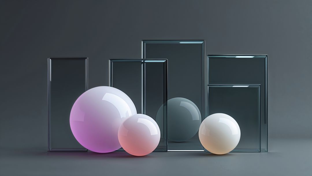 Abstract glass panels and gradient spheres arrangement for website designs