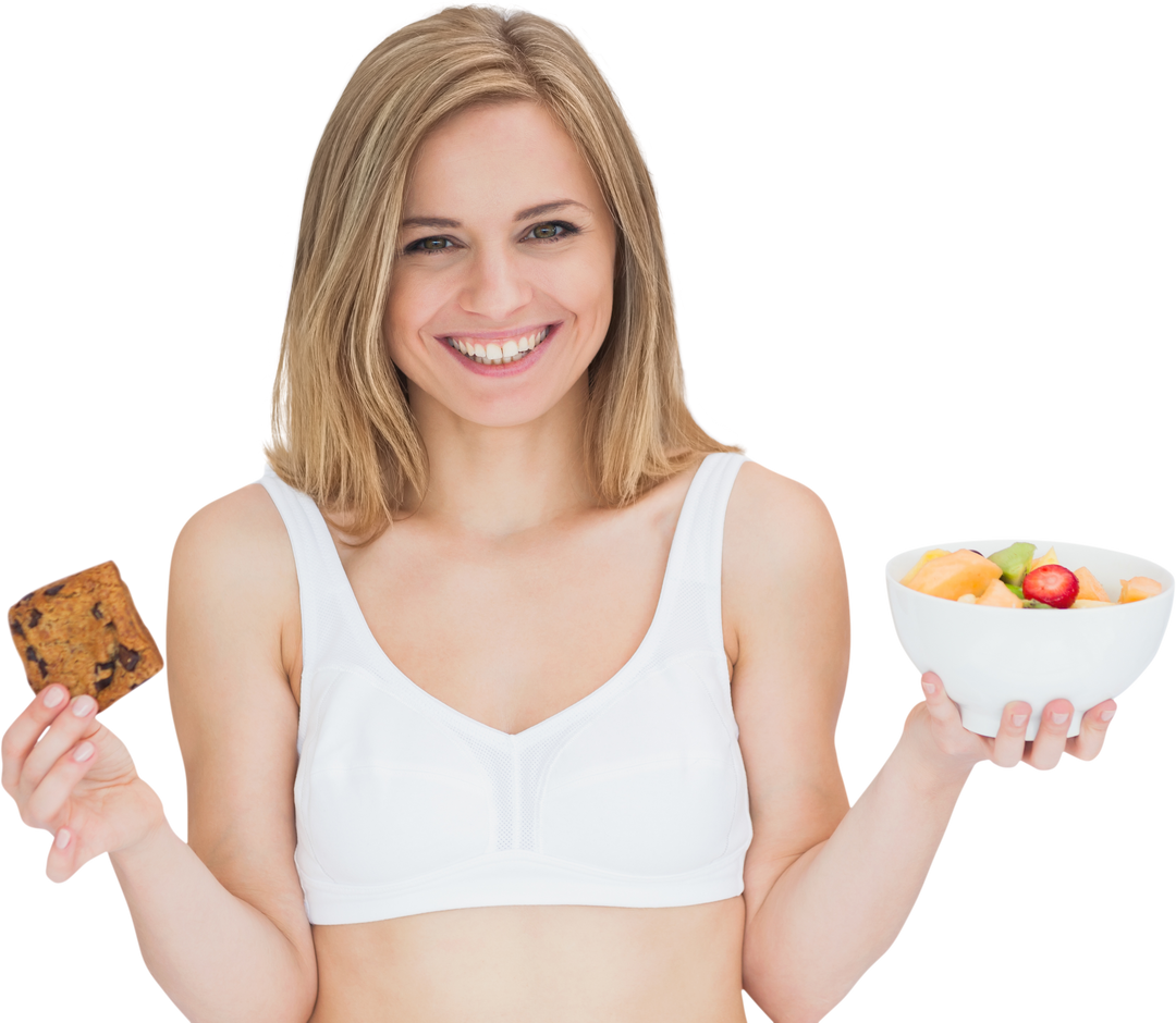 Happy Young Woman Holding Transparent Cookie and Fruit Bowl Eating Healthy Snack - Download Free Stock Images Pikwizard.com