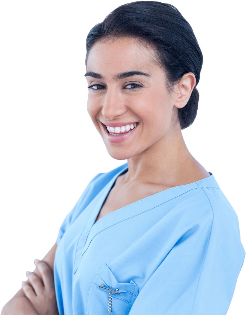 Transparent Background of Smiling Female Surgeon in Scrubs