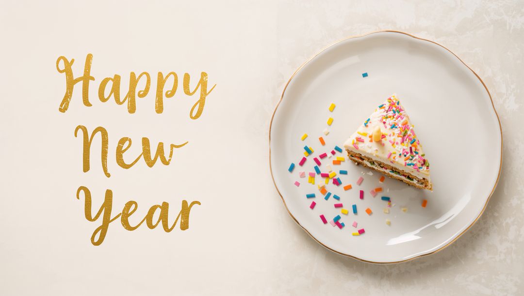 Festive Triangular Cake Slice with Gold Happy New Year Script and Colorful Sprinkles