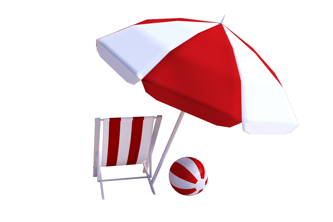 Summer Beach Set with Red and White Parasol on Transparent Background