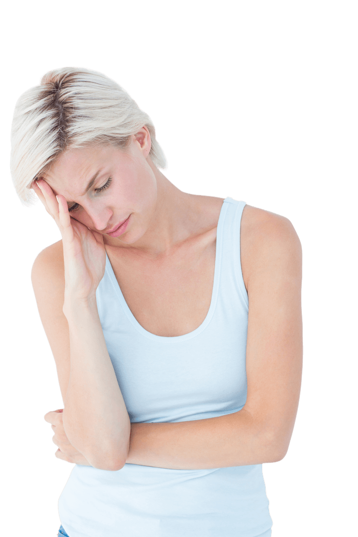 Transparent Upset Woman Touching Temple in Stress