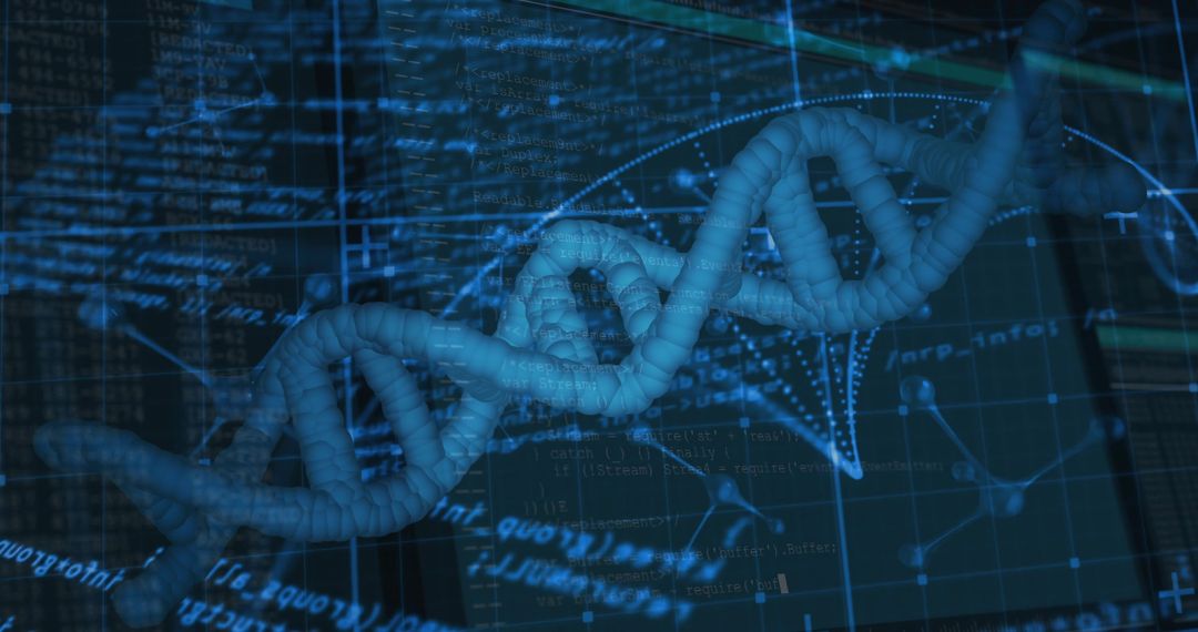 Glowing 3D DNA Helix Overlaying Holographic Data Grid with Code and Molecular Network