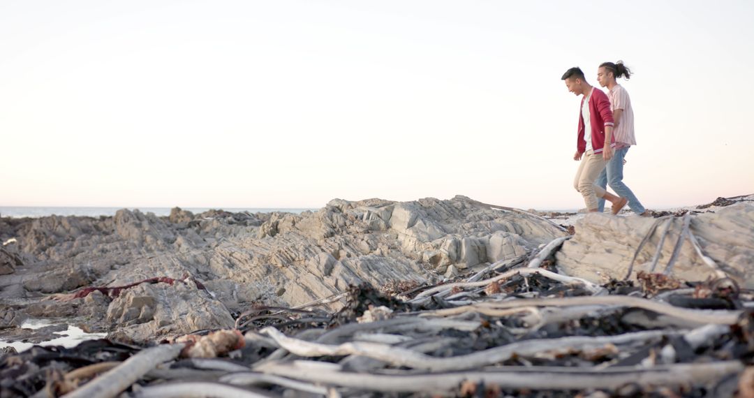 Couple Walking Along Rocky Beach Amid Driftwood at Sunset - Free Images, Stock Photos and Pictures on Pikwizard.com