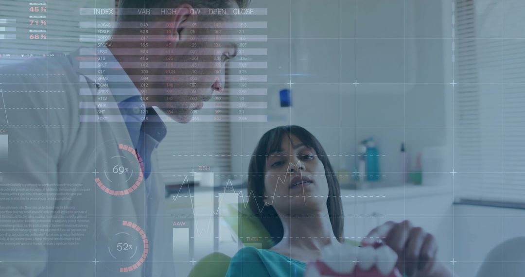 Dentist Explaining Treatment with Futuristic Digital HUD Overlay during Dental Exam
