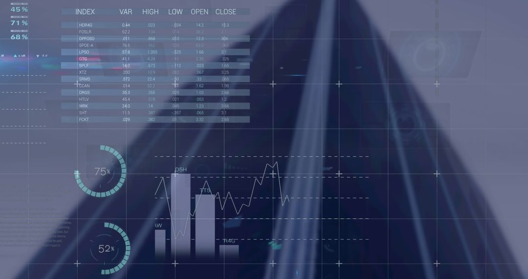 Futuristic Interface with Data Visualizations Against Skyscraper
