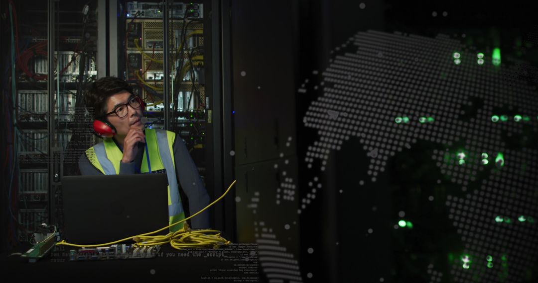 Technician Analyzing Data Center with Global Connectivity