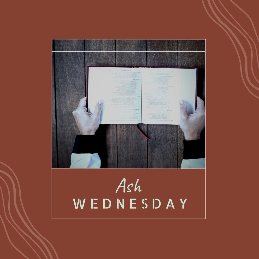 Ash Wednesday Concept: Hands Holding Open Bible on Wooden Background