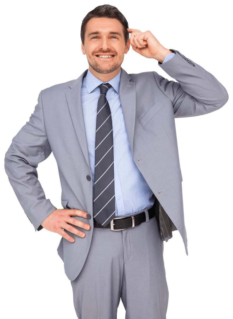 Smiling Businessman Scratching Head with Confident Pose Transparent Background