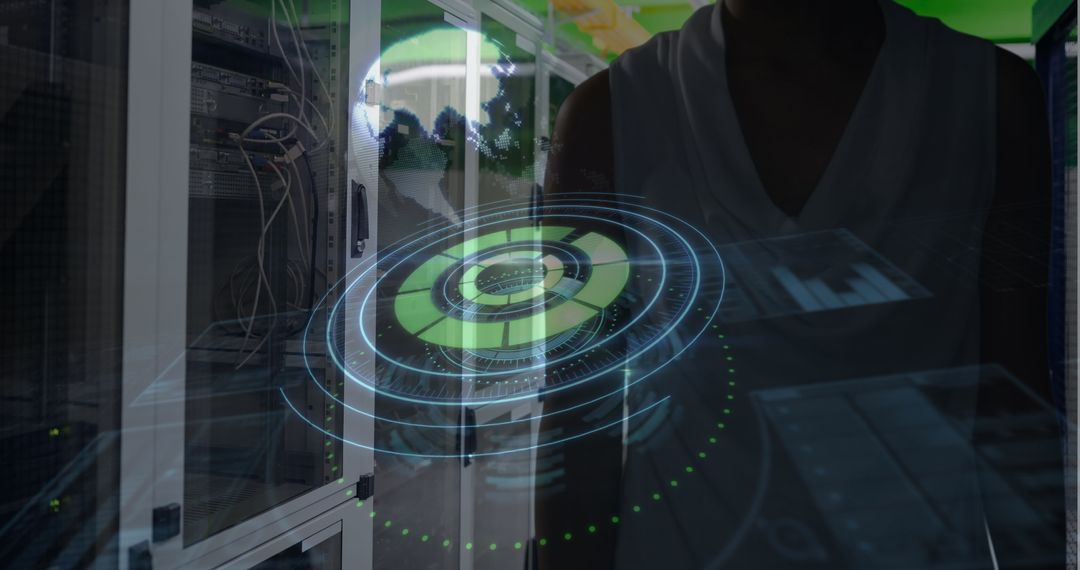 Engineer Analyzing Futuristic Interface in Data Center