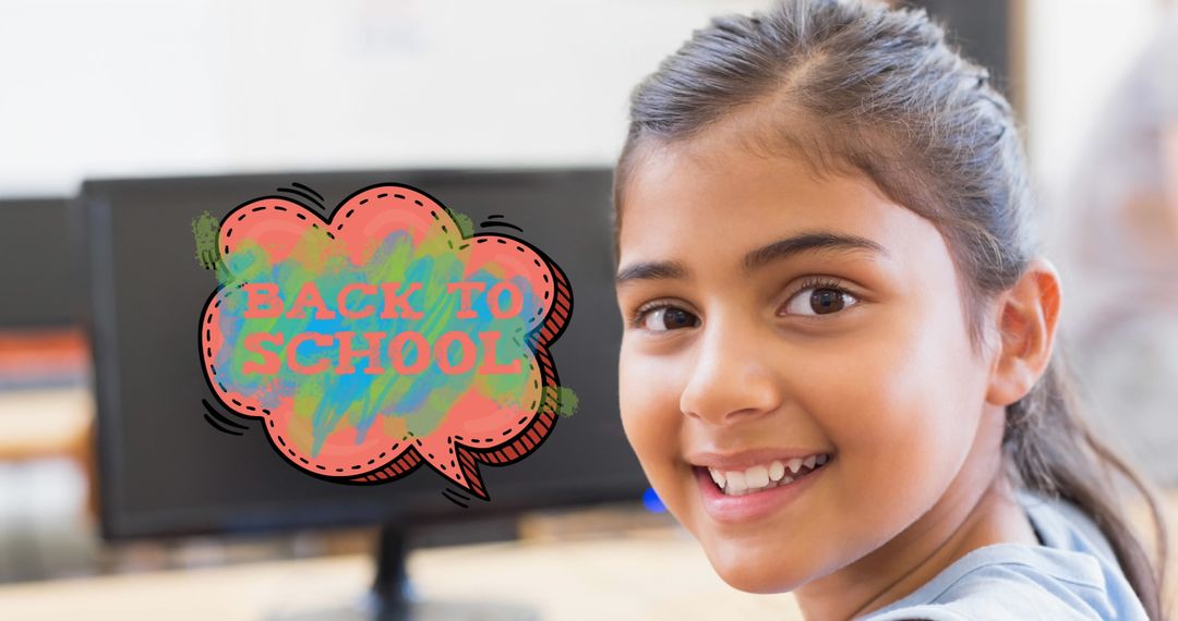 Smiling Schoolgirl with Back to School Text in Classroom Setting