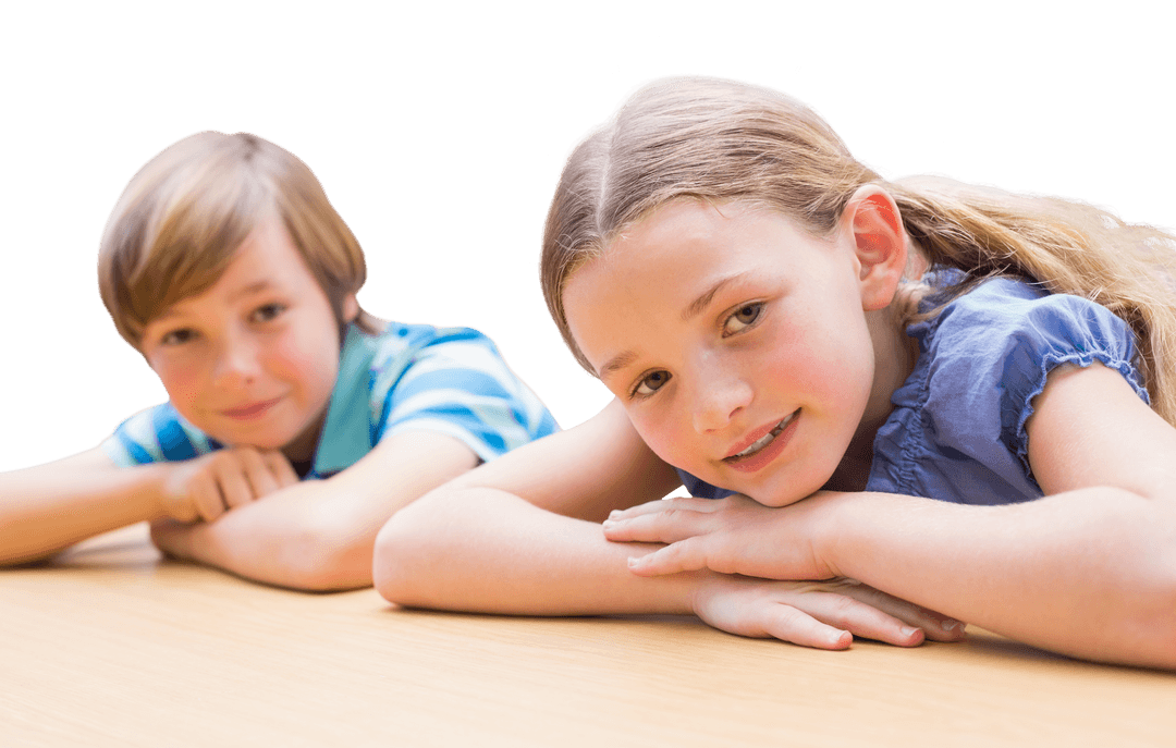 Transparent Joyful Children Smiling on Wooden Table