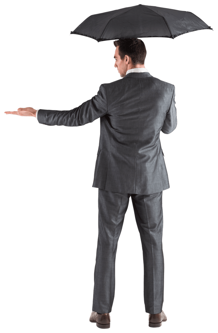 Transparent Businessman Holding Umbrella with Extended Hand Gesture