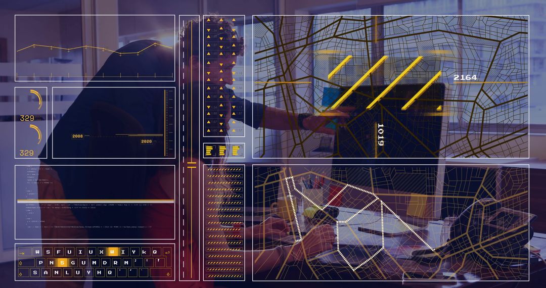 Busy Office Team Analyzing Digital Map and Data Overlays