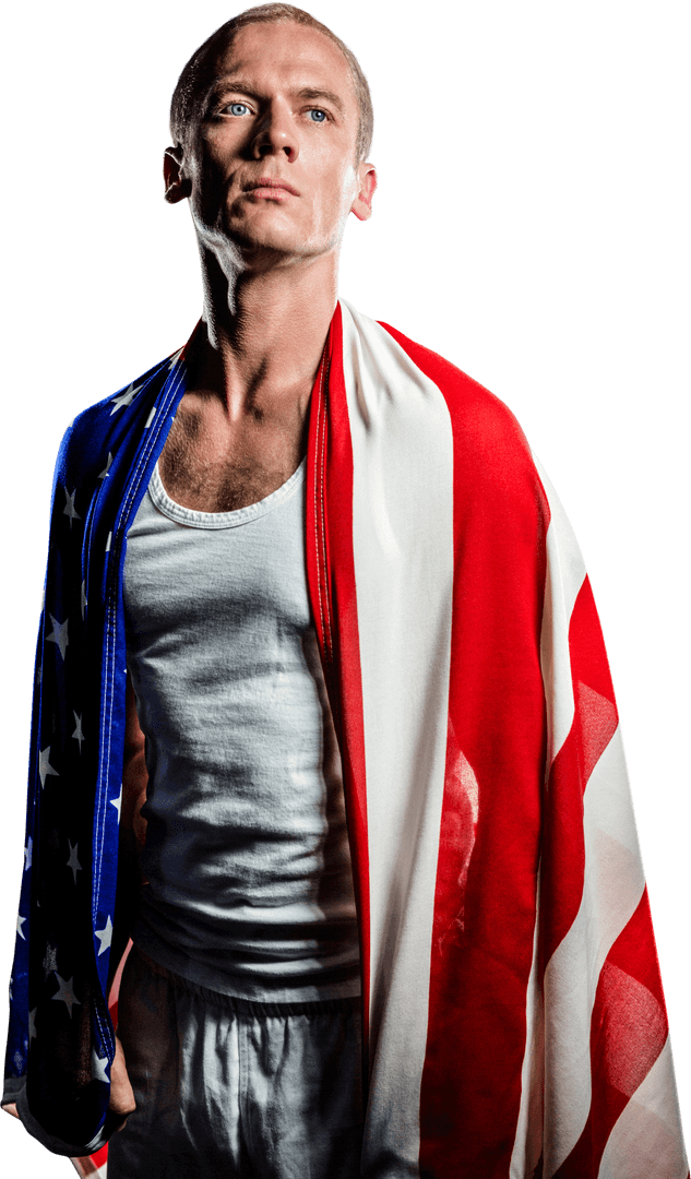 Male Athlete Wrapped in American Flag on Transparent Background