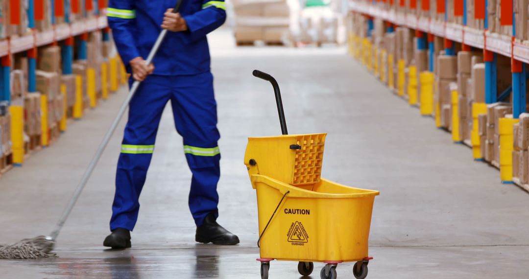 Worker Cleaning Warehouse with Yellow Caution Mop Bucket - Free Images, Stock Photos and Pictures on Pikwizard.com