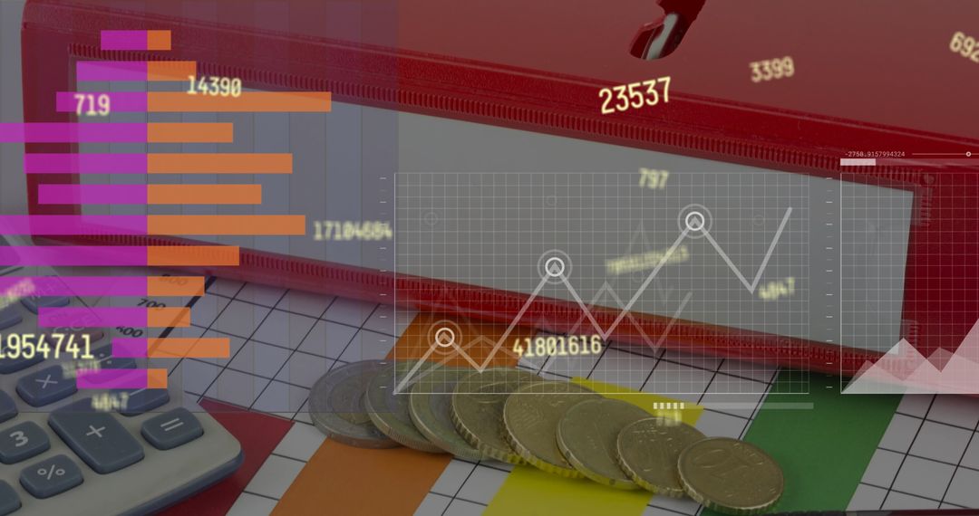 Digital Data Processing Diagrams with Coins and Calculator Interface