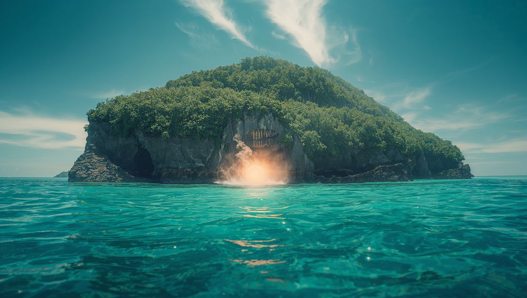 Tropical Island Glowing Cave Light Reflected in Tranquil Ocean Waters