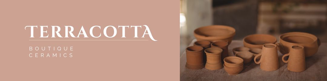 Terracotta Boutique Ceramics Banner with Rustic Crockery Display - Download Free Stock Templates Pikwizard.com