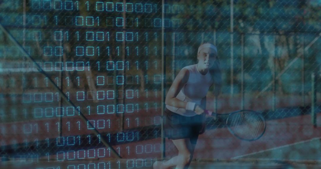 Tennis Player on Court with Futuristic Digitized Overlay