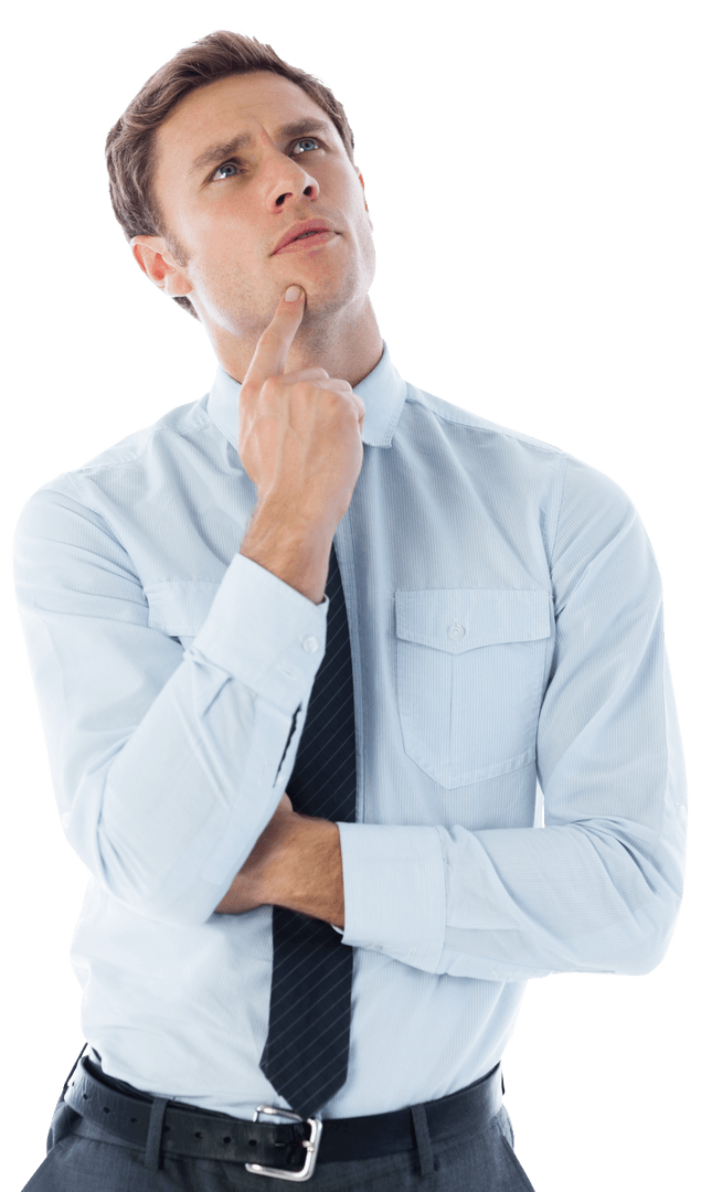 Transparent Thoughtful Businessman Pondering Ideas with Finger on Chin