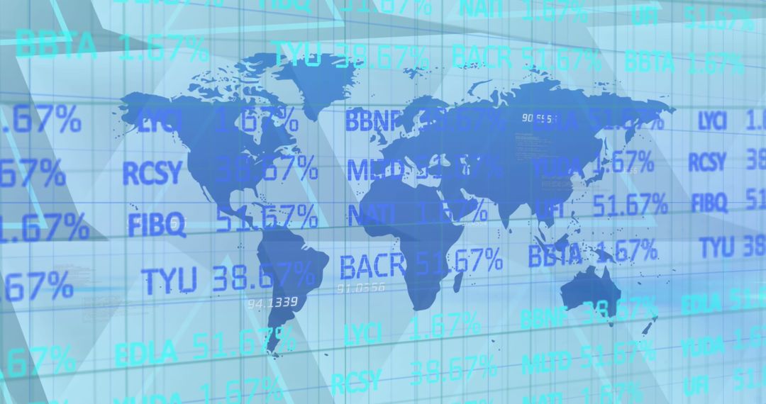 World Map with Stock Market Ticker Overlays in Blue Tones
