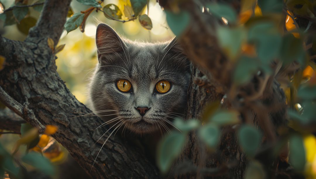 Grey Cat Observing from Tree Branches in Woodland Setting