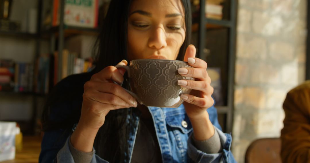 Woman Enjoying Hot Beverage in Cozy Café - Free Images, Stock Photos and Pictures on Pikwizard.com