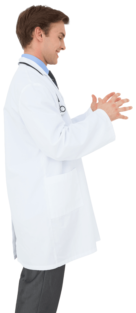 Transparent Doctor Viewed in Profile Holding Invisible Device