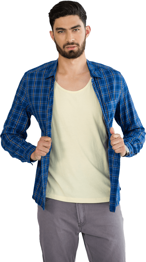 Handsome Bearded Man Posing in Casual Attire on Transparent Background