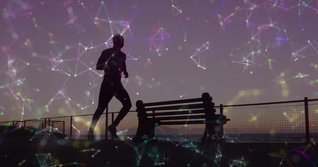 Digital Network Overlays Active Man Jogging by Seaside