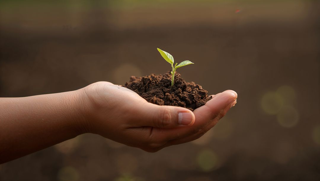 Adult Hand Cradling Soil and Seedling, Symbolizing Growth