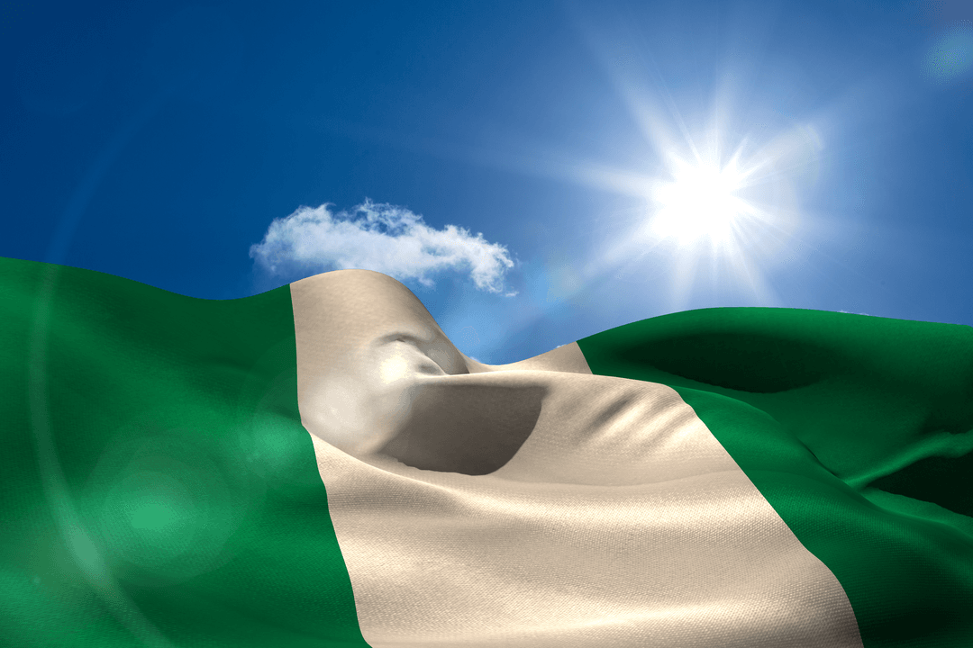 Waving Nigerian Flag with Sun Flare on Transparent Background